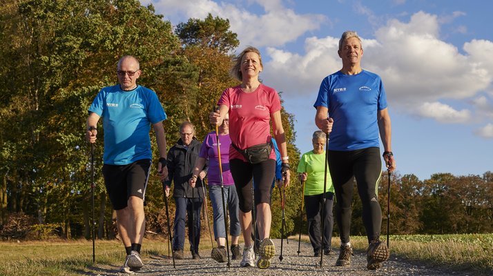 Eine Gruppe von Erwachsenen, die im Sonnenschein Nordic Walking machen.