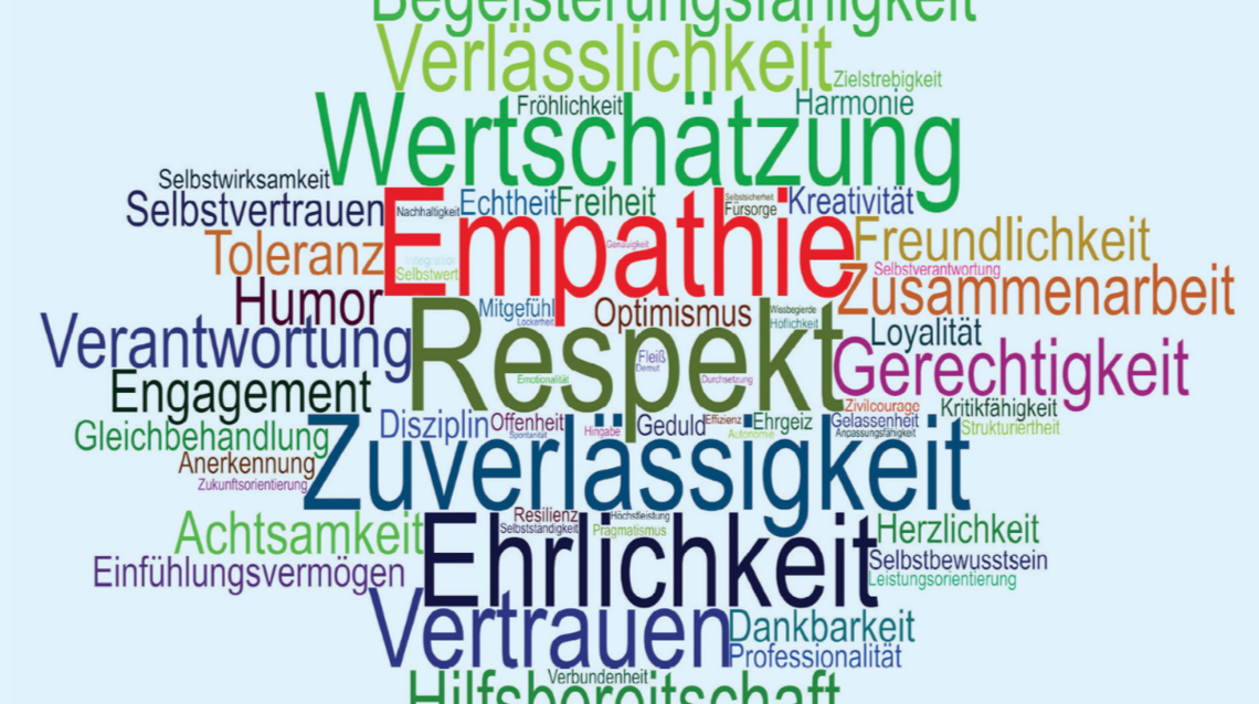 Viele größer und kleiner geschriebene Werte als Wertewolke auf hellblauem Hintergrund.
