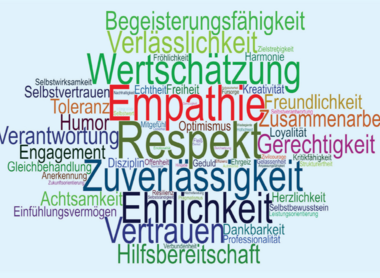 Viele größer und kleiner geschriebene Werte als Wertewolke auf hellblauem Hintergrund.